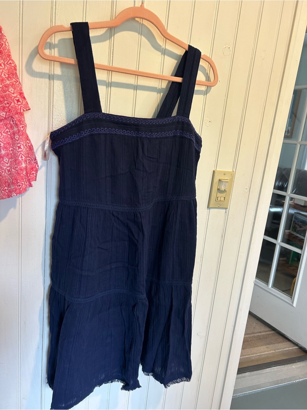 Tommy Bahama Navy Blue Tiered Mini Dress with Embroidered Yoke